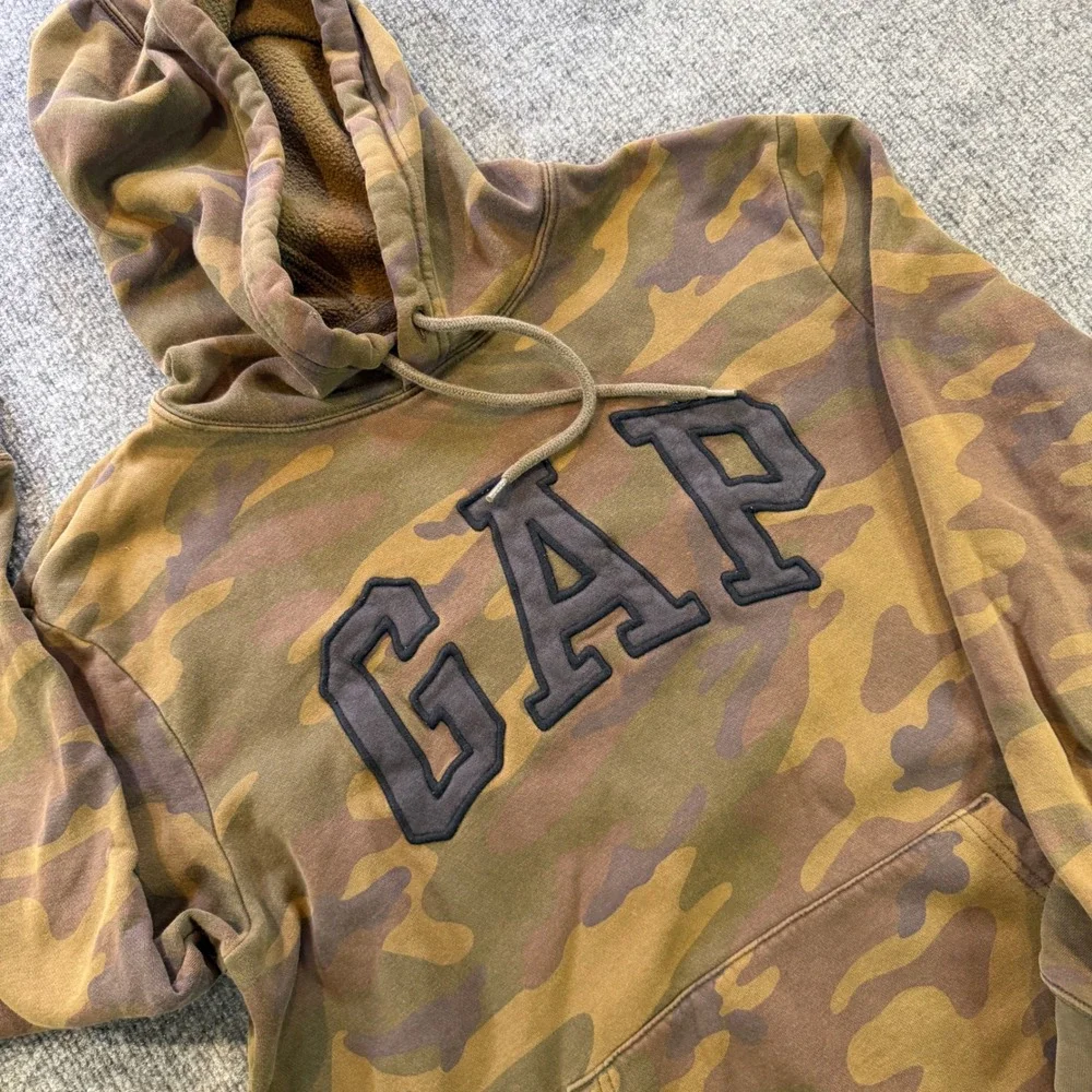Gap Mens Camouflage Arch Logo Fleece Pullover Hoodie Camo Brown Green M